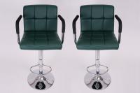 2 x Designer Barstool dark green height adjustable with padded backrest and removable armrest - 