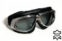 Motorradbrille Classic, ECHT LEDER, schwarz mit Smoke-get�nten Gl�sern
