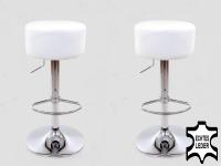 2x Barstool white REAL LEATHER height adjustable round seat classical comfortably padded - 