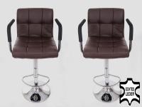 2 x Designer Barstool  brown GENUINE LEATHER height adjustable with padded backrest and removable armrest - 