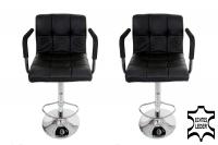 2 x Designer Barstool  black GENUINE LEATHER height adjustable with padded backrest and removable armrest - 