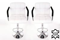 2 x Designer Barstool  white GENUINE LEATHER height adjustable with padded backrest and removable armrest - 