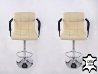 2 x Designer Barstool  beige GENUINE LEATHER height adjustable with padded backrest and removable armrest - 