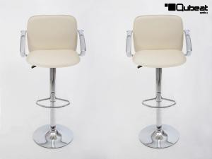 2 x Design Barstool creme-coloured height adjustable with padded backrest and chrome plated armrest - "Barbara"