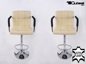 2 x Designer Barstool  beige GENUINE LEATHER height adjustable with padded backrest and removable armrest - "Theo"