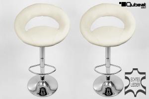 2 x Designer Barstool  beige-coloured REAL LEATHER height adjustable by gas lift action - "Clemens"