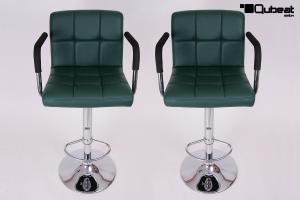 2 x Designer Barstool dark green height adjustable with padded backrest and removable armrest - "Theo"