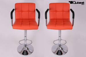 2 x Designer Barstool  orange height adjustable with padded backrest and removable armrest - "Theo"