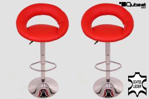 2 x Designer Barstool red REAL LEATHER height adjustable by gas lift action - "Clemens"