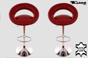 2 x Designer Barstool wine red REAL LEATHER height adjustable by gas lift action - "Clemens"