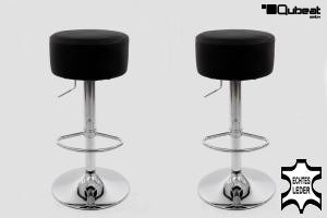 2x Barstool black REAL LEATHER height adjustable round seat classical comfortably padded - "Tan"