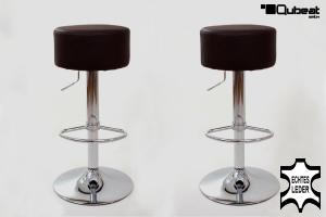 2x Barstool brown REAL LEATHER height adjustable round seat classical comfortably padded - "Tan"