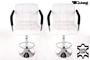 2x Design Barhocker wei ECHT LEDER hhenverstellbar mit gepolsterter Rckenlehne und abnehmbarer Armlehne - "Theo"