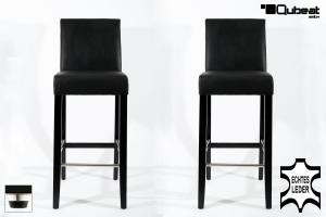 2x Edler Barhocker B-Ware  schwarz Holz, Gummibaum Gestell verstellbare Bodengleiter Schwarz mit Lehne ECHT LEDER "Michael"