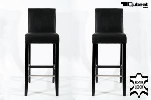 2x Edler Barhocker schwarz Holz, Gummibaum Gestell Schwarz mit Lehne ECHT LEDER "Michael"