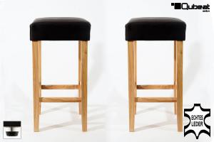 2x Edler Holzbarhocker Barhocker Holz, braun Holzgestell Natur mit verstellbaren Bodengleitern ECHT LEDER "Ben"