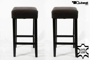 2x Edler Holzbarhocker Barhocker Holz braun Holzgestell schwarz ECHT LEDER "Ben"