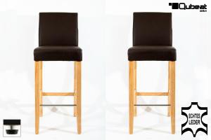 2x Edler Holzbarhocker braun Holzgestell Natur mit verstellbaren Bodengleitern und Rckenlehne ECHT LEDER Holzstuhl "Michael"