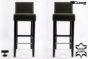 2x Edler Holzbarhocker braun Holzgestell schwarz mit Lehne mit verstellbaren Bodengleitern ECHT LEDER "Chris"