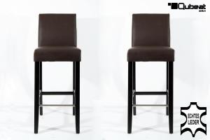 2x Edler Holzbarhocker braun schwarzes Holzgestell mit Lehne Barhocker Holz ECHT LEDER  "Michael"