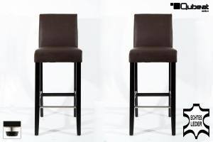 2x Edler Holzbarhocker braun schwarzes Holzgestell mit Lehne Barhocker Holz mit verstellbaren Bodengleitern ECHT LEDER "Michael"
