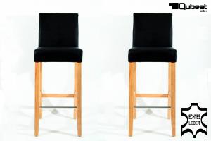 2x Edler Holzbarhocker Gummibaum schwarz Holzgestell Natur mit Lehne ECHT LEDER "Michael"