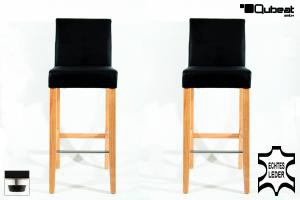 2x Edler Holzbarhocker Gummibaum schwarz Holzgestell Natur mit Lehne, verstellbare Bodengleiter, ECHT LEDER "Michael"