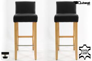 2x Edler Holzbarhocker schwarz Holzbarhocker Natur mit Lehne und verstellbaren Bodengleitern ECHT LEDER "Chris"