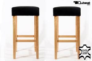 2x Edler Holzbarhocker schwarz Holzgestell Barhocker Holz Natur ECHT LEDER "Ben"