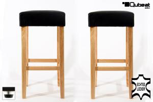 2x Edler Holzbarhocker schwarz Holzgestell Barhocker Holz Natur mit verstellbaren Bodengleitern ECHT LEDER "Ben"
