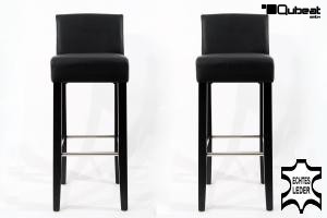 2x Edler Holzbarhocker schwarz Holzgestell B-WARE Schwarz mit Lehne Barhocker Holz ECHT LEDER "Chris"