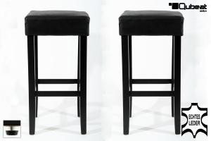 2x Edler Holzbarhocker schwarz Holzgestell Schwarz mit verstellbaren Bodengleitern ECHT LEDER "Ben"