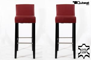2x Edler Holzbarhocker weinrot Barhocker B-WARE Holz Holzgestell Schwarz mit Lehne ECHT LEDER "Chris"