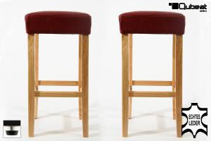 2x Edler Holzbarhocker weinrot Barhocker Holz Holzgestell Natur Bodengleiter verstellbar ECHT LEDER "Ben"