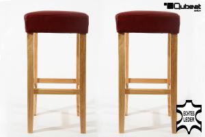 2x Edler Holzbarhocker weinrot Barhocker Holz Holzgestell Natur ECHT LEDER "Ben"