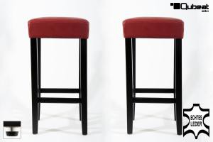 2x Edler Holzbarhocker weinrot Barhocker Holz verstellbare Bodengleiter Holzgestell Schwarz ECHT LEDER "Ben"