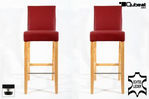 2x Edler Holzbarhocker weinrot Holzgestell Natur Barhocker Holz mit Lehne verstellbare Bodengleiter ECHT LEDER "Michael"