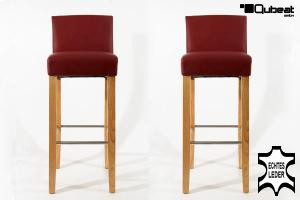 2x Edler Holzbarhocker weinrot Holzgestell Natur mit Lehne ECHT LEDER "Chris"