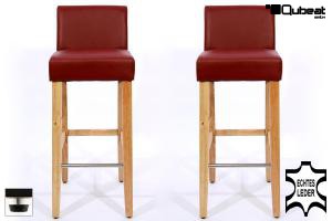 2x Edler Holzbarhocker weinrot Holzgestell Natur mit Lehne und verstellbaren Bodengleitern ECHT LEDER "Chris"