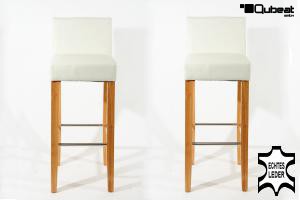 2x Edler Holzbarhocker wei Holzgestell Barhocker Holz  Natur mit Lehne ECHT LEDER "Chris"