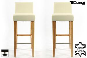 2x Edler Holzbarhocker wei Holzgestell Barhocker Holz Natur mit Lehne und verstellbaren Bodengleitern ECHT LEDER "Chris"