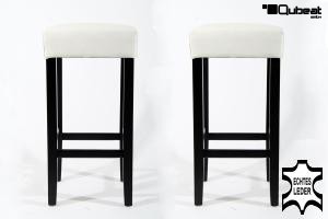 2x Edler Holzbarhocker wei Holzgestell Barhocker Holz, Schwarz ECHT LEDER "Ben"