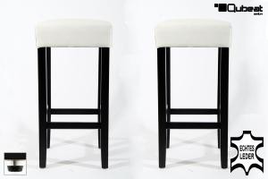 2x Edler Holzbarhocker wei Holzgestell Barhocker Holz Schwarz verstellbare Bodengleiter ECHT LEDER "Ben"