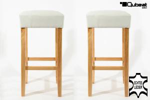 2x Edler Holzbarhocker wei Holzgestell Natur ECHT LEDER "Ben"