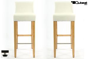 2x Edler Holzbarhocker wei Holzgestell Natur mit Lehne Barhocker Holz verstellbare Bodengleiter "Chris"