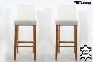 2x Edler Holzbarhocker wei Holzgestell Natur mit Lehne ECHT LEDER "Michael"