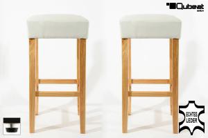 2x Edler Holzbarhocker wei Holzgestell Natur verstellbare Bodengleiter ECHT LEDER "Ben"
