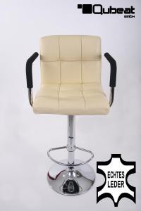 Design Barhocker creme ECHT LEDER hhenverstellbar mit gepolsterter Rckenlehne und abnehmbarer Armlehne - "Theo"