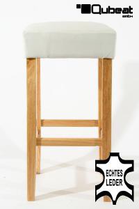 Edler Holzbarhocker Barhocker Holz wei Holzgestell Natur ECHT LEDER "Ben"