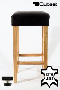 Edler Holzbarhocker braun Barhocker Holz Holzgestell Natur Bodengleiter verstellbar ECHT LEDER "Ben"